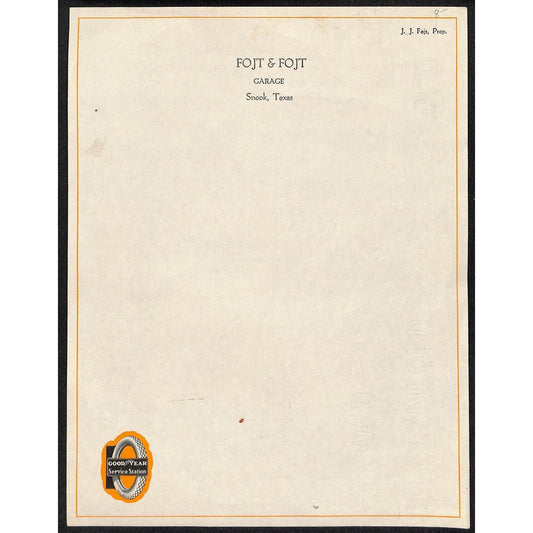 Fojt & Fojt Garage Snook, TX c1925-30's Letterhead Goodyear Service Station