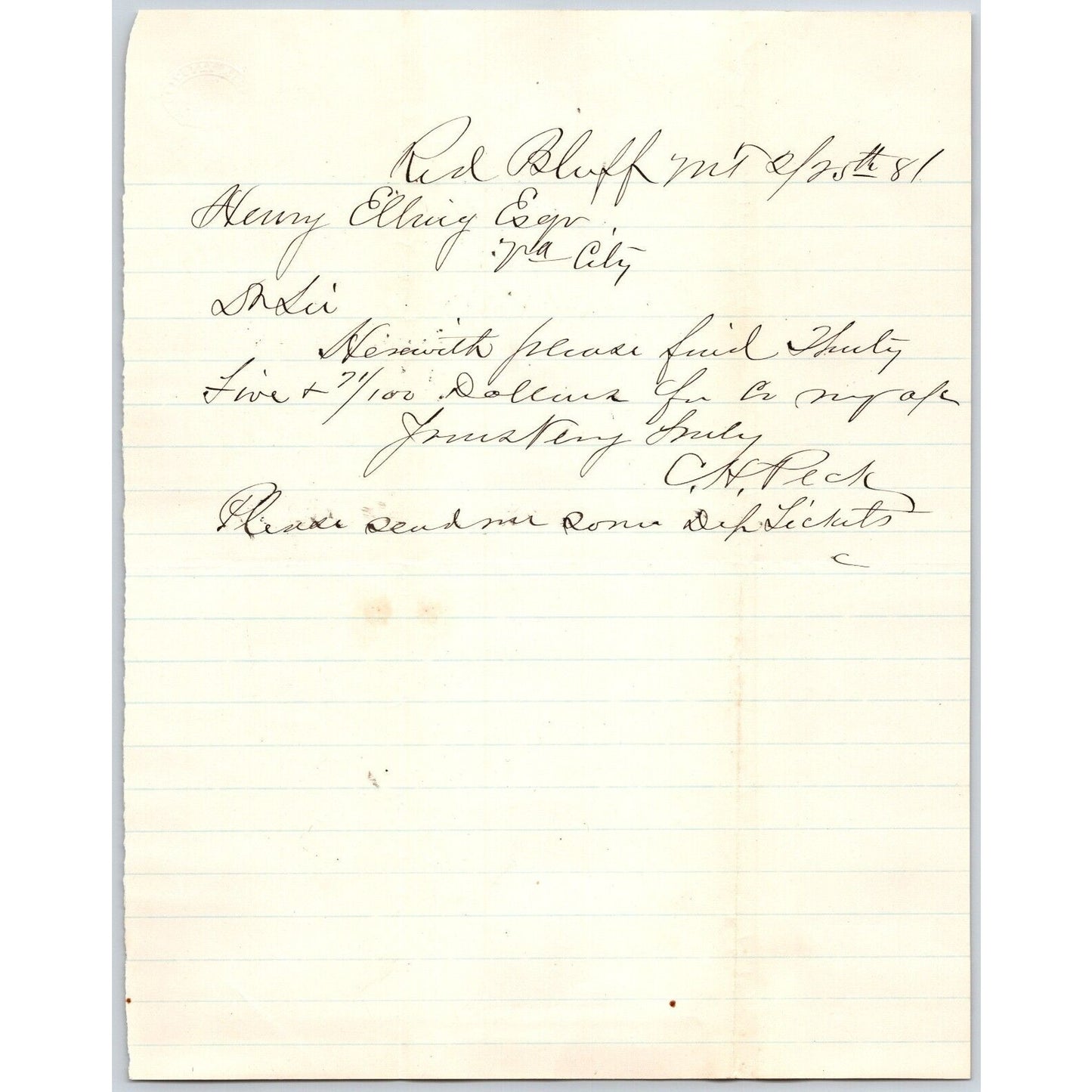 Feb 25 1881 C.H. Peck Red Bluff, MT ALS to Henry Elling* Virginia City, MT