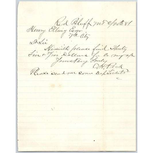 Feb 25 1881 C.H. Peck Red Bluff, MT ALS to Henry Elling* Virginia City, MT