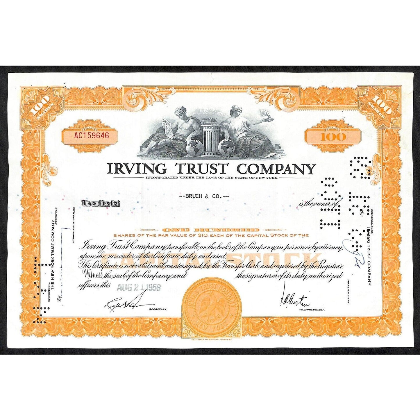 Irving Trust Company NY 1958 Stock Certificate to: Bruch & Co. #159646