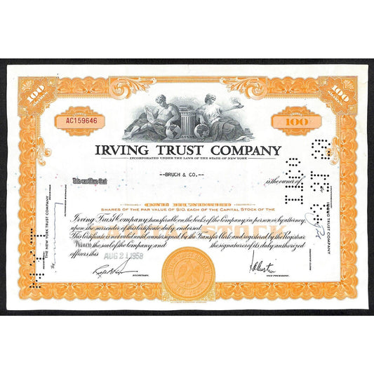 Irving Trust Company NY 1958 Stock Certificate to: Bruch & Co. #159646