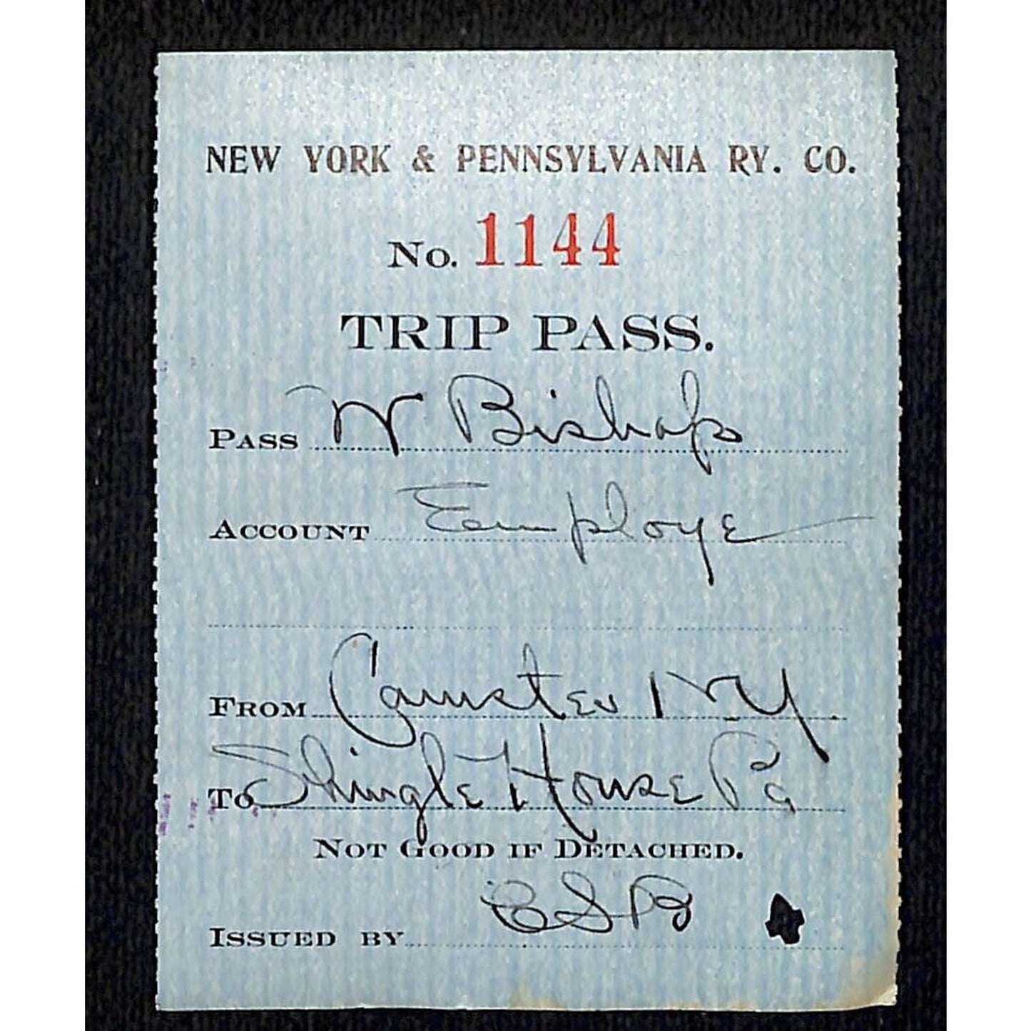 New York & Pennsylvania Ry c1917 Trip Pass Ticket Stub w/Hand Writing #1144