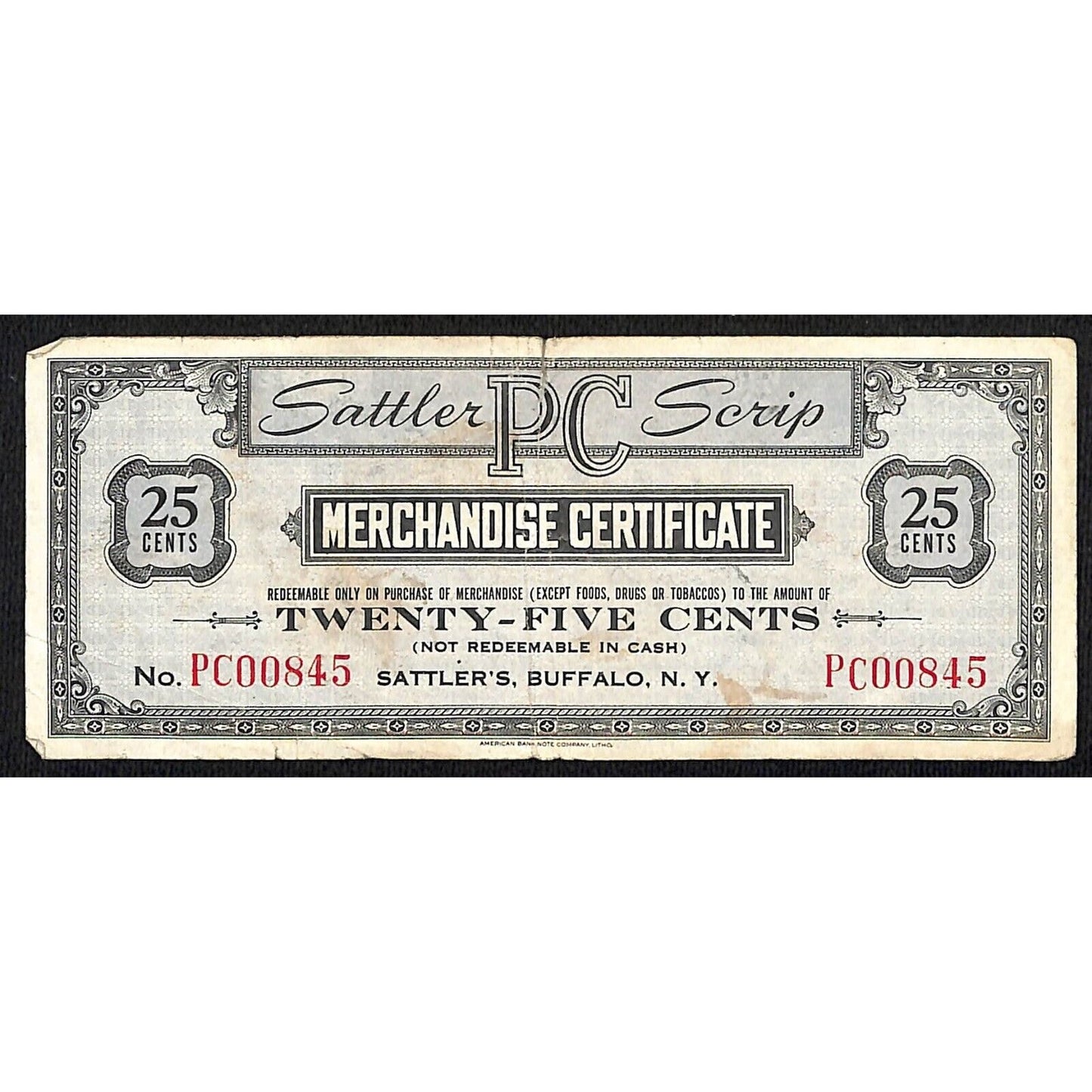 Sattler's 25c Merchandise Certificate "Sattler Script" c1934 Broadway Buffalo