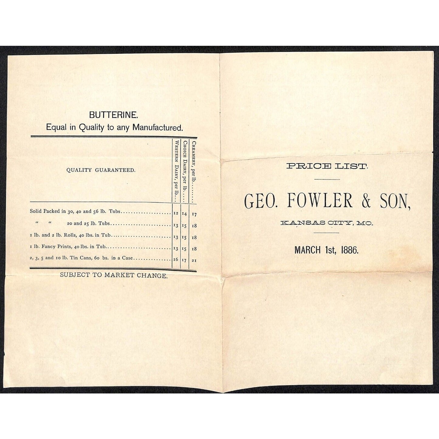 Geo. Fowler & Son Kansas City, MO 3/1 1886 Meats Price Sheet VGC Scarce