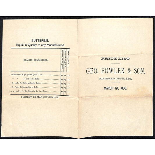 Geo. Fowler & Son Kansas City, MO 3/1 1886 Meats Price Sheet VGC Scarce