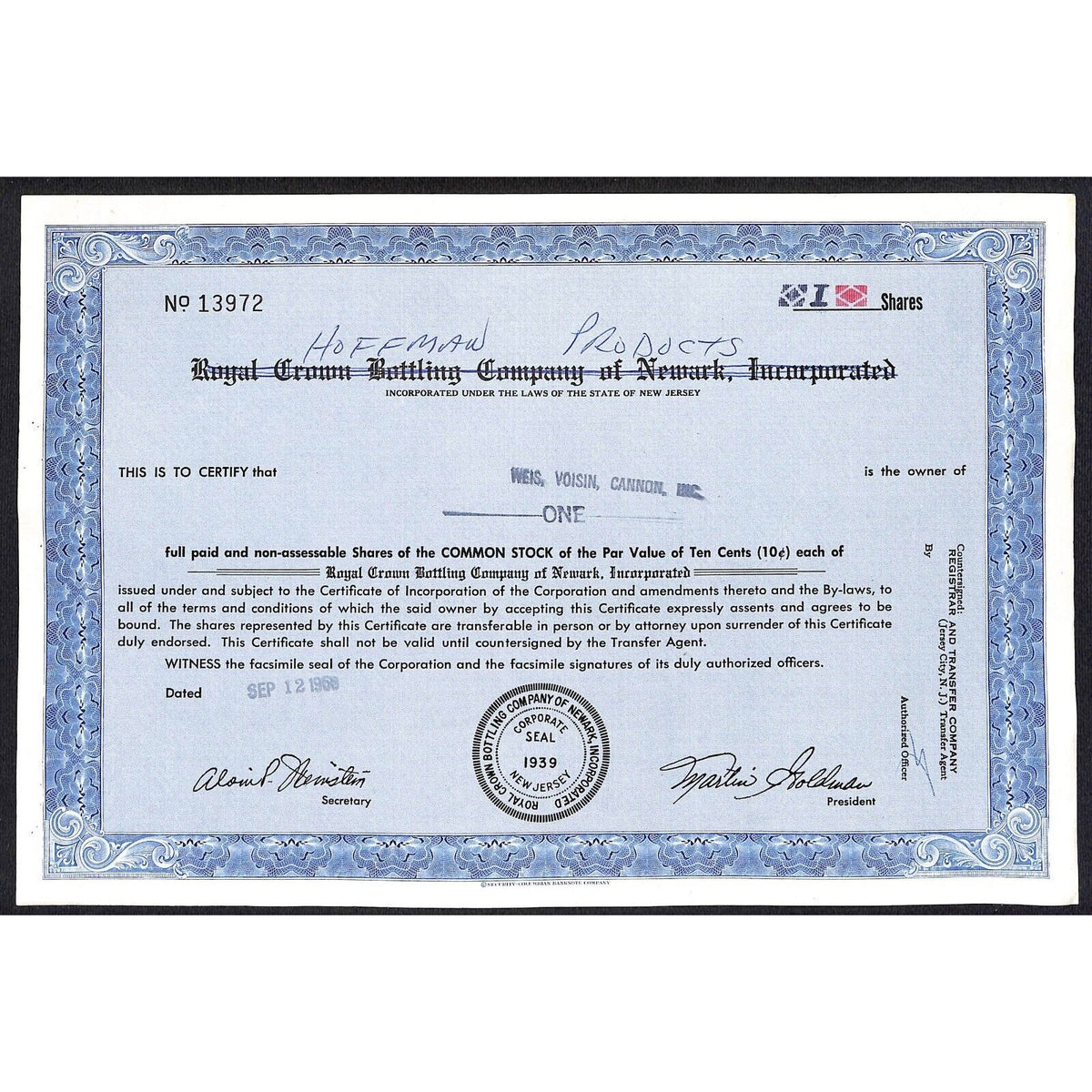 Royal Crown Bottling Newark NJ / Hoffman Products* 1968 Stock Certificate #13972
