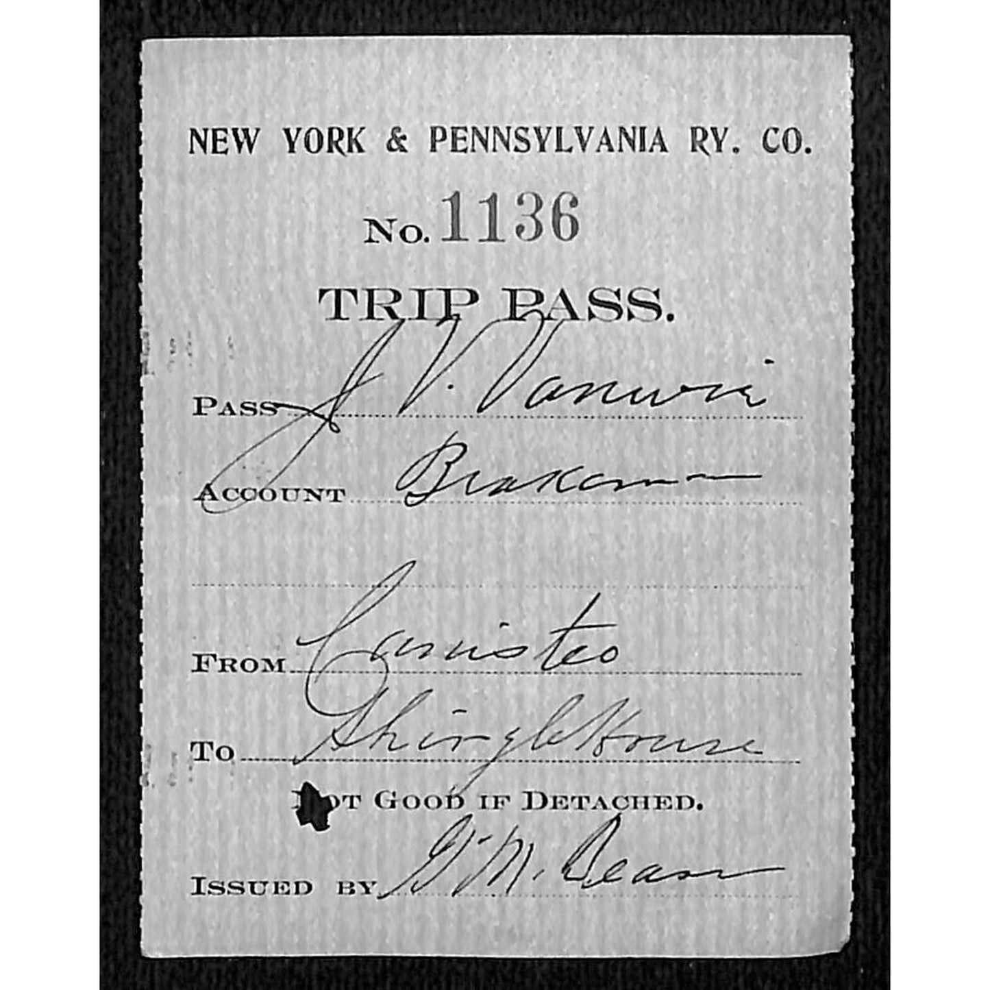 New York & Pennsylvania Ry c1917 Trip Pass Ticket Stub w/Hand Writing #1136