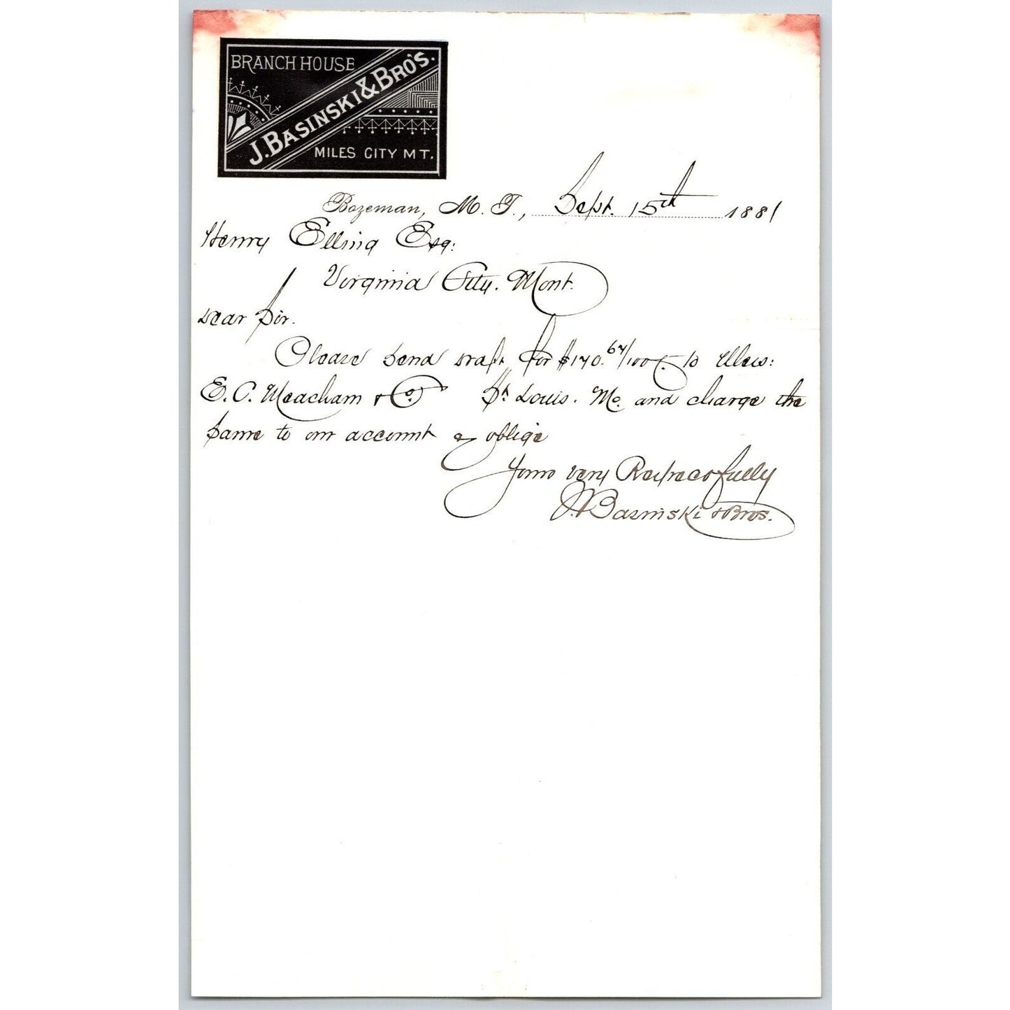 J. Basinski & Bros. Bozeman, MT (Dry Goods) 9/15 1881 Letterhead Henry Elling*