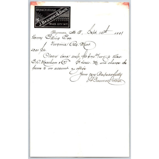 J. Basinski & Bros. Bozeman, MT (Dry Goods) 9/15 1881 Letterhead Henry Elling*