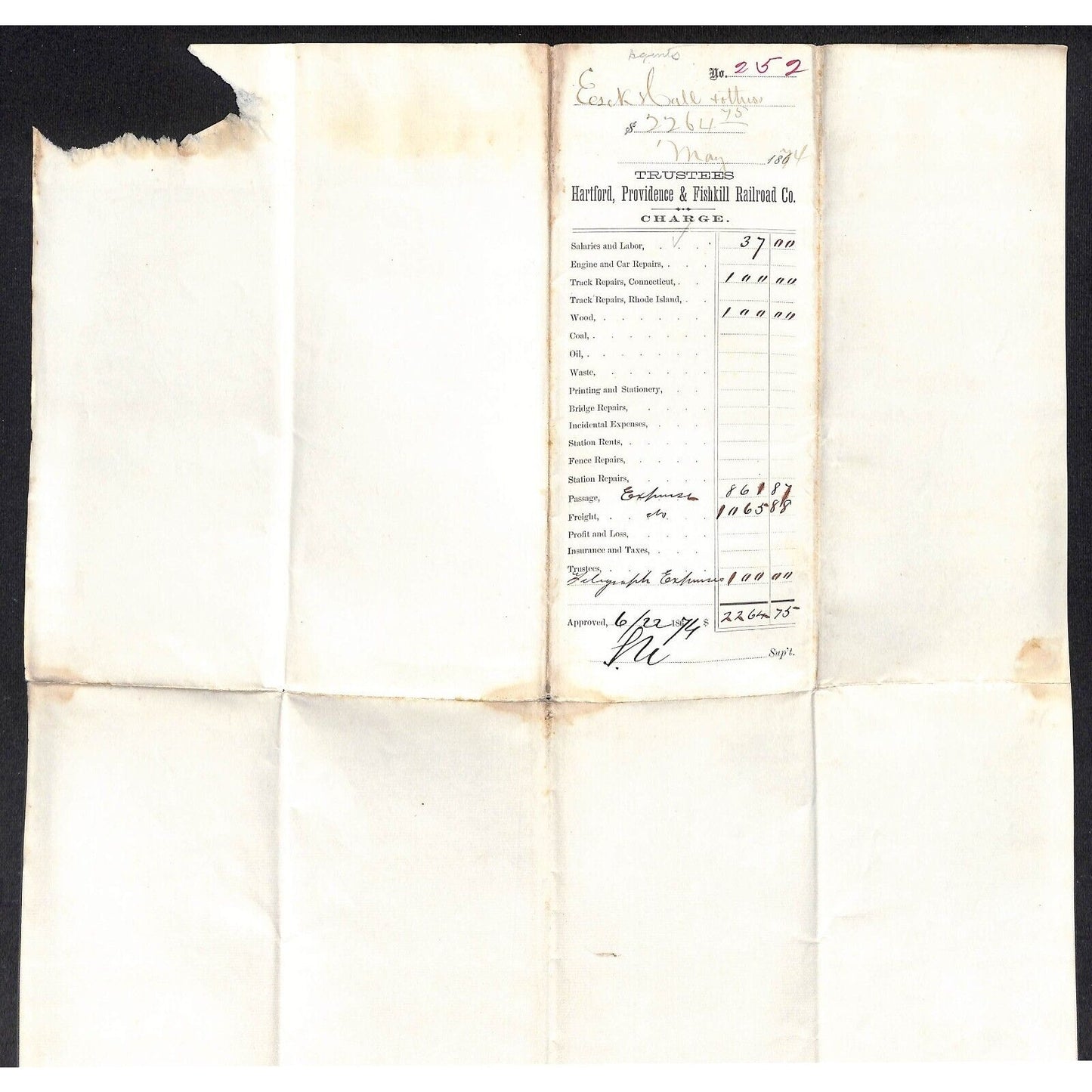 Hartford Providence Fishkill Railroad 1874 Pay Roll Sheet w/ 52 Signatures