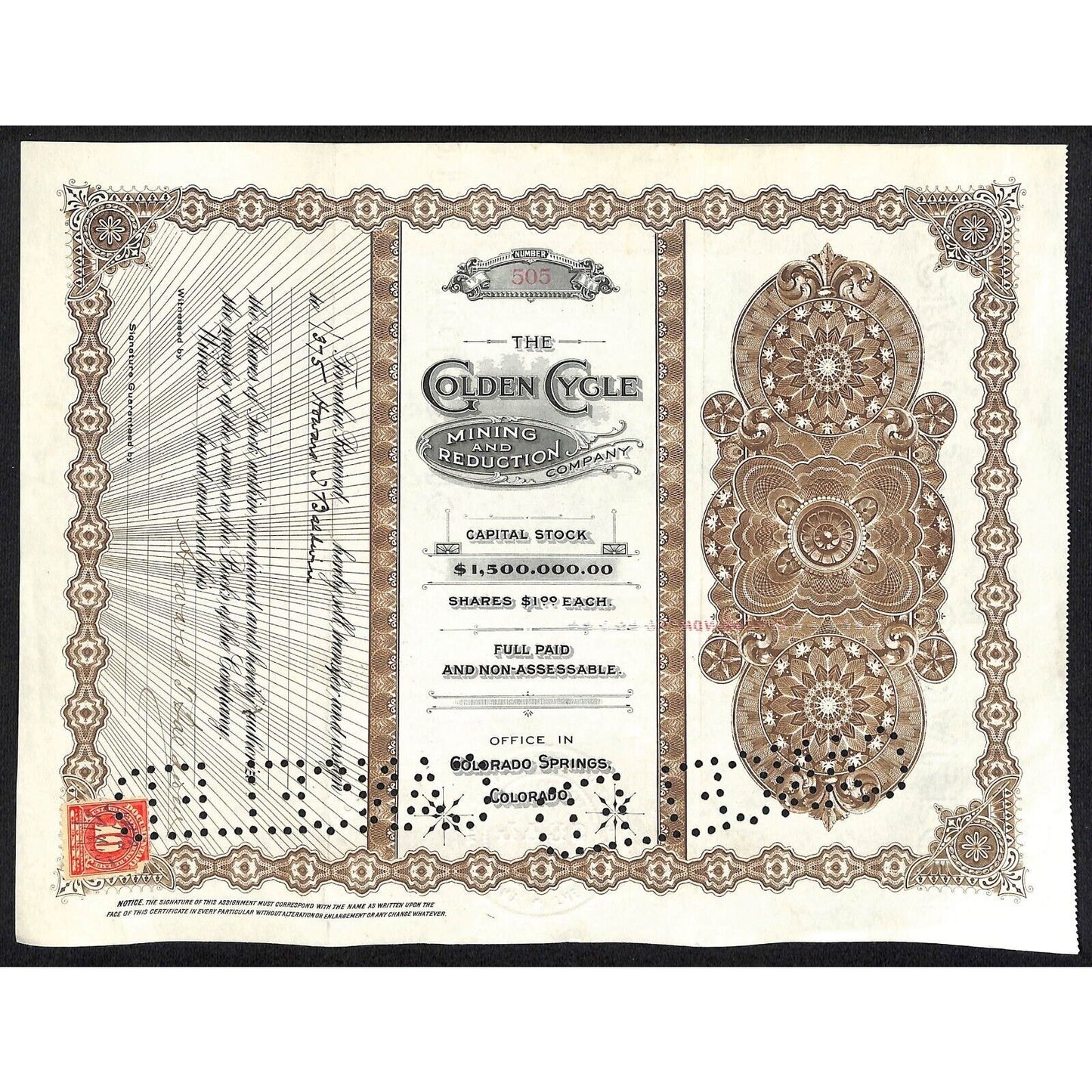 Golden Cycle Mining 1915 Stock Certificate w/ A.E. Carlton Sig. #505