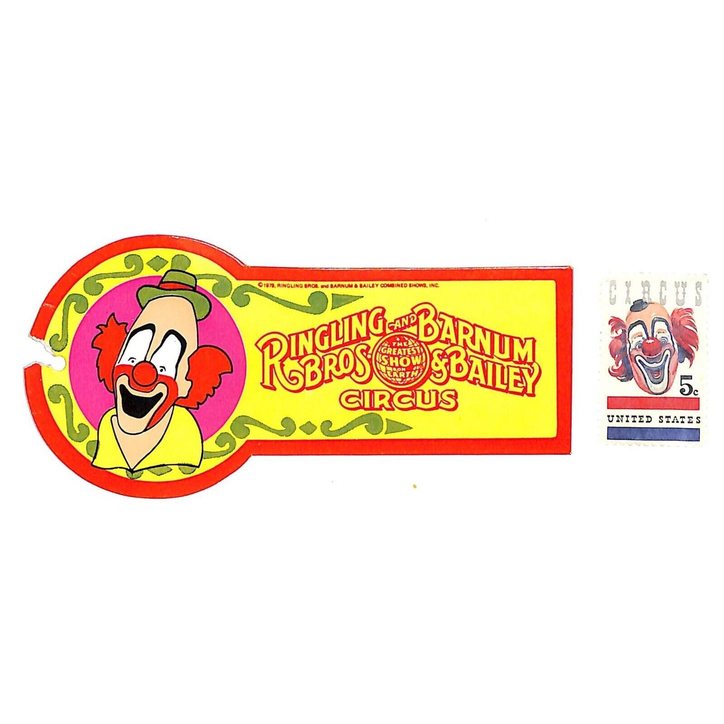 Ringling Bros. c1978 Clown Lou Jacobs Light Card Stock Tag & 1966 5c Stamp