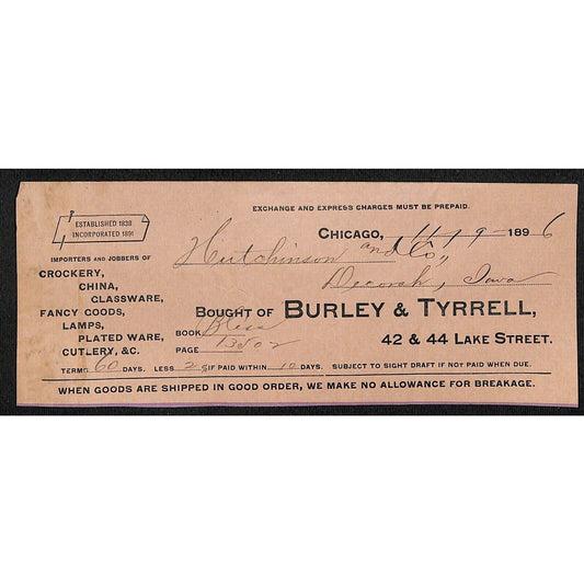 Burley & Tyrrell Crockery Chicago Hutchinson Decorah IA* Cut 1896 Billhead