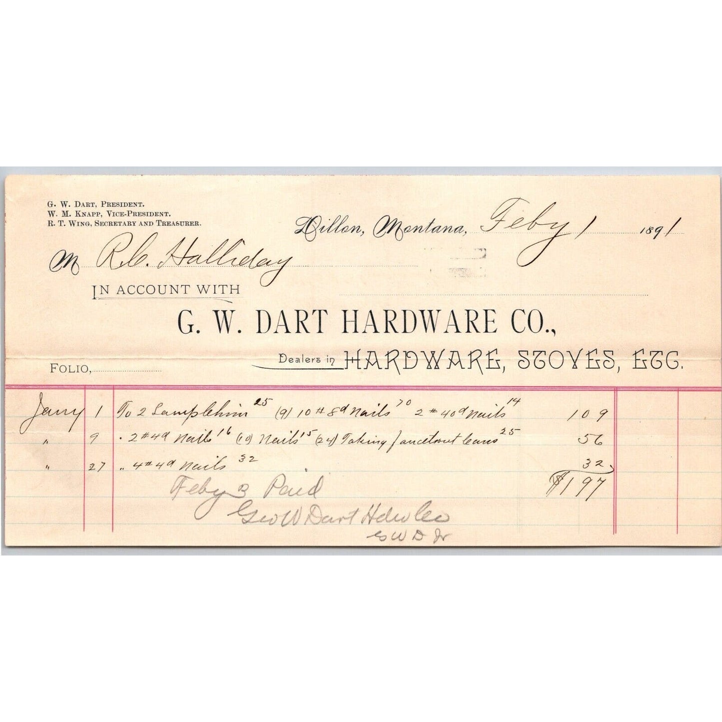 Dillon MT G.W. Dart Hardware Co. 1891 Billhead Stoves R.C. Halliday*