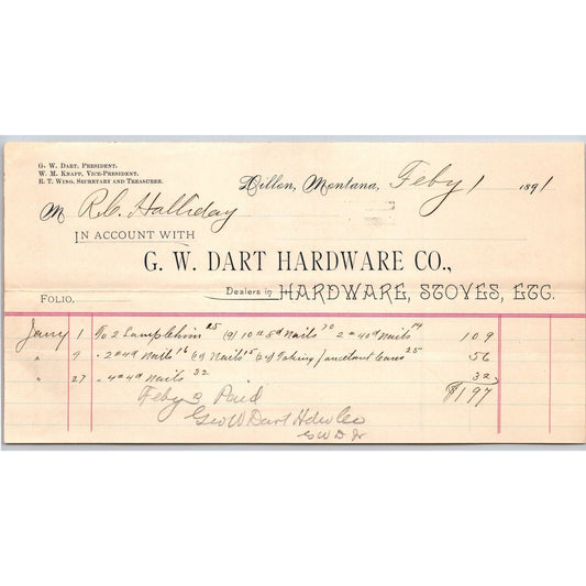 Dillon MT G.W. Dart Hardware Co. 1891 Billhead Stoves R.C. Halliday*