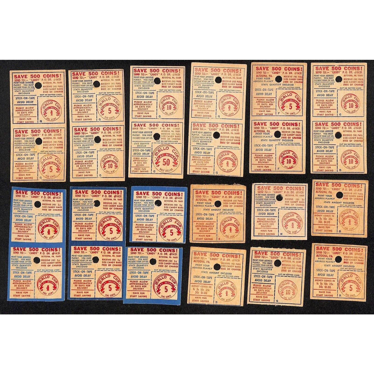 16 Mallo Cup Free Candy Play Money Mail In Single & Double Coupons c1964 (#10)