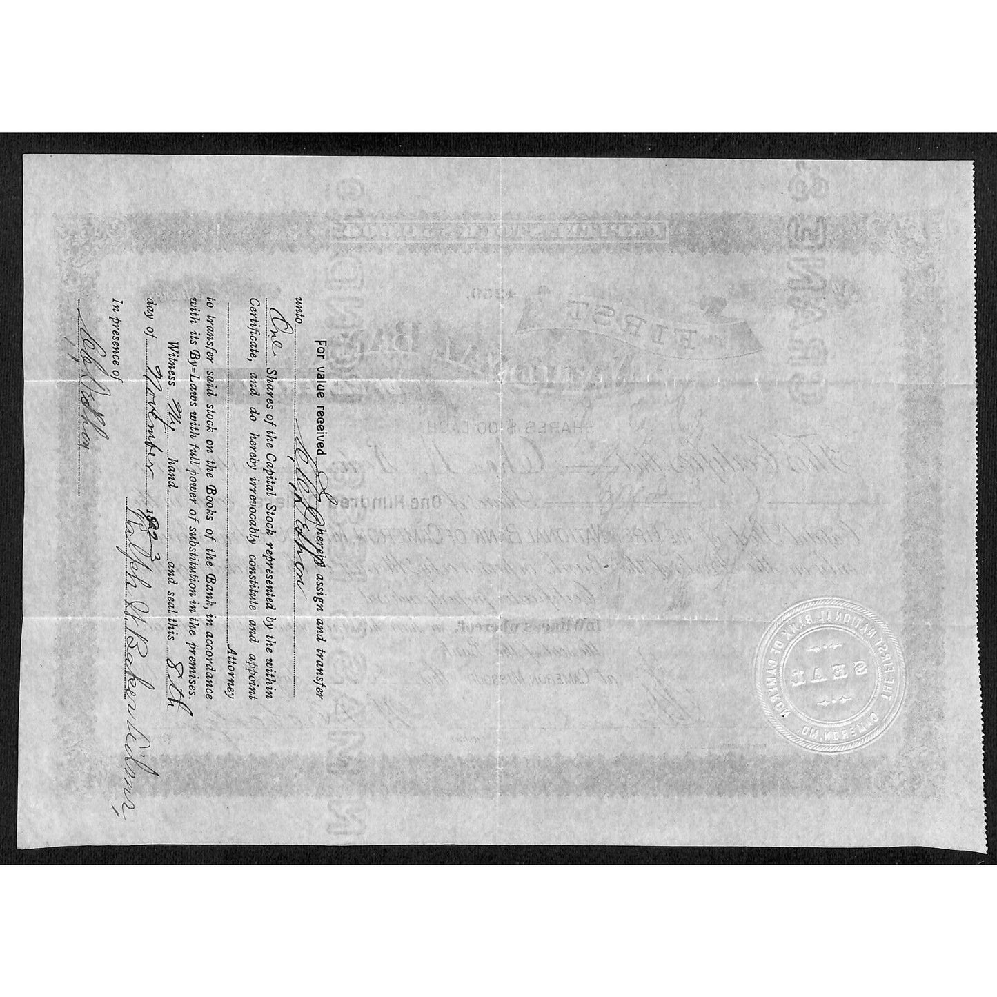 First National Bank of Cameron 1890 Stock Certificate #23 to Chas. W. Bahar ?