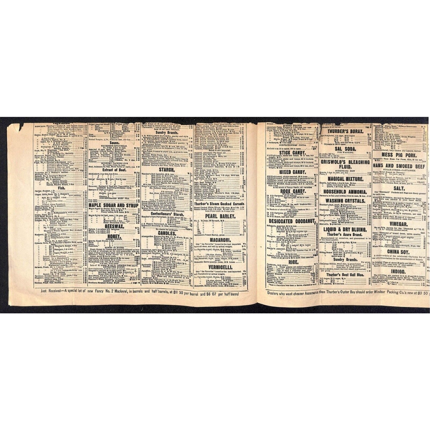 H.K. & F.B. Thurber & Co NYC 1880 Newspaper-Style Whsl. Food Price List TORN*