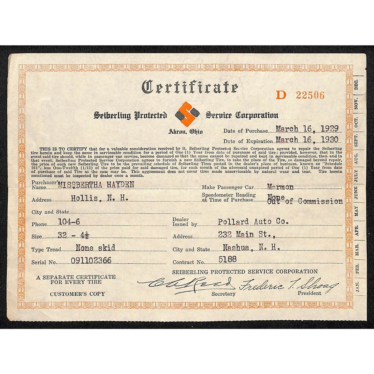 Seiberling Protected Service Corp. Akron, OH 1929 Tire Warranty Certificate