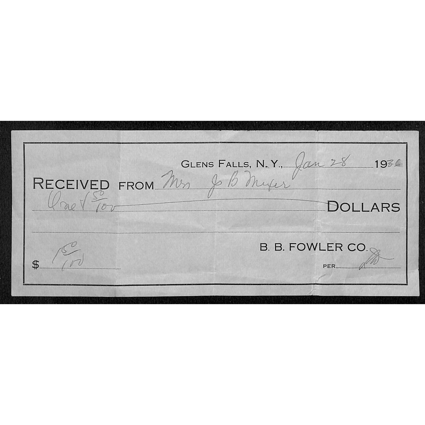 1936 B.B. Fowler Co. Glens Falls, NY (Textiles - Est. 1869) Receipt