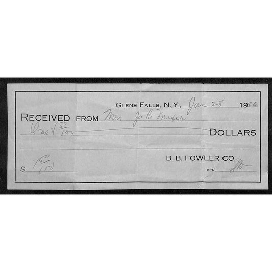 1936 B.B. Fowler Co. Glens Falls, NY (Textiles - Est. 1869) Receipt