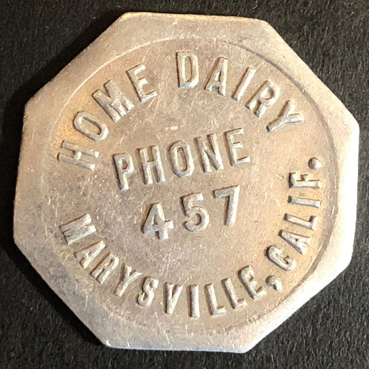 Home Dairy Marysville, CA Alum Hex Trade Token G/F One Pint 25.6mm c1920's-40