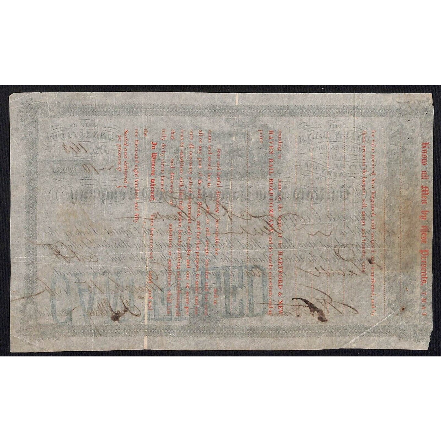 Hartford and New Haven Railroad 1856 1850 ? 185x Stock Certificate #1613