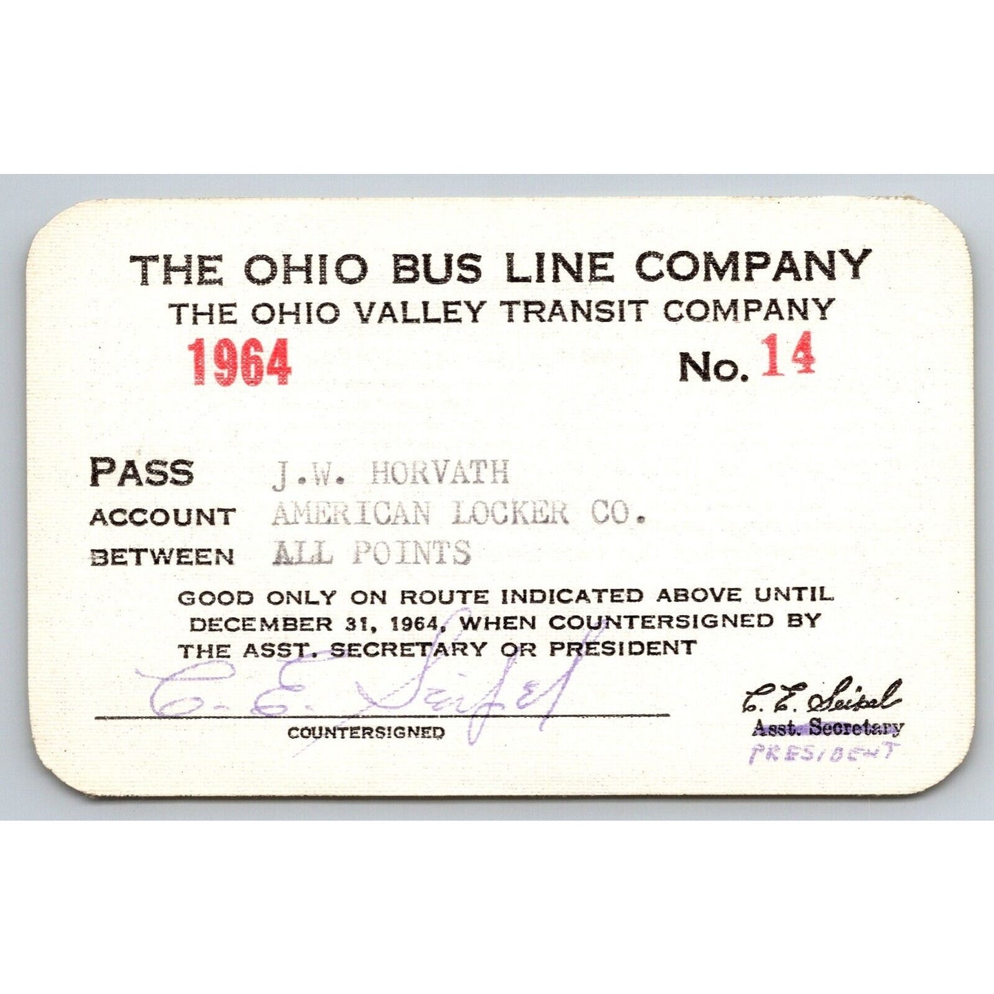 Ohio Bus Lines / Ohio Valley Transit 1964 Annual / Yearly Bus Pass #14