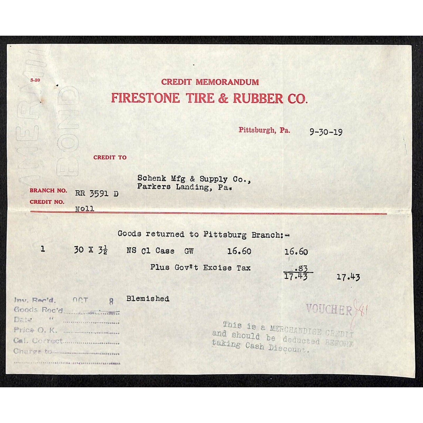 Firestone Tire & Rubber Co. Pittsburgh, PA 1919 Credit Memo / Billhead