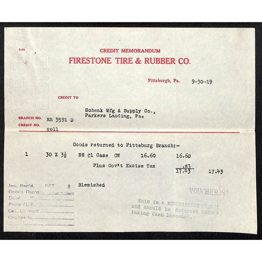 Firestone Tire & Rubber Co. Pittsburgh, PA 1919 Credit Memo / Billhead