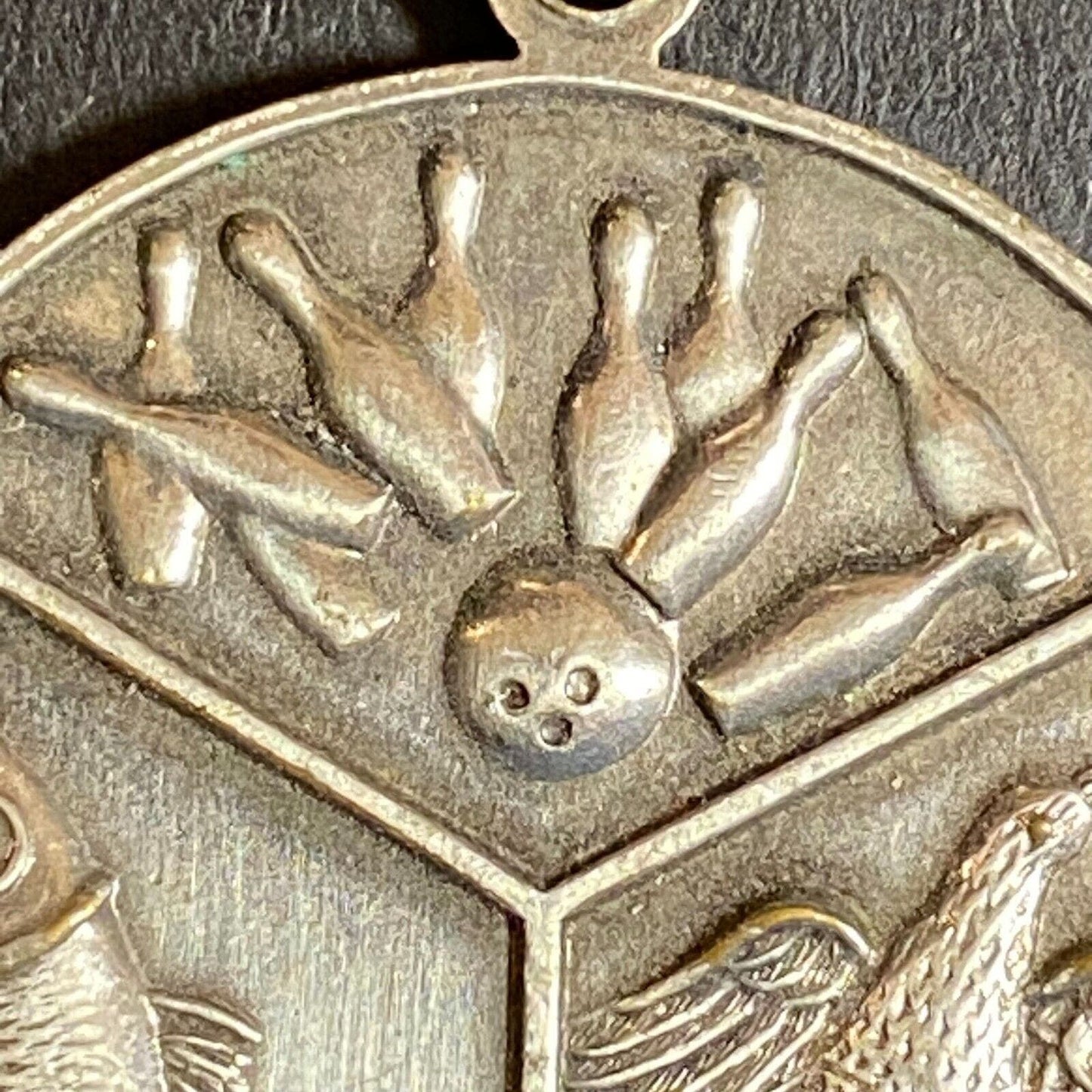 c1950's-60's ? 6-Sport Dbl Sided Pendant 31mm Bowling Fishing Hunting Equestrian