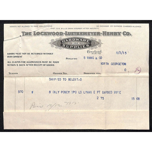 Lockwood-Luetkemeyer-Henry Cleveland 1915 Billhead Samuel Wang* N. Georgetown OH