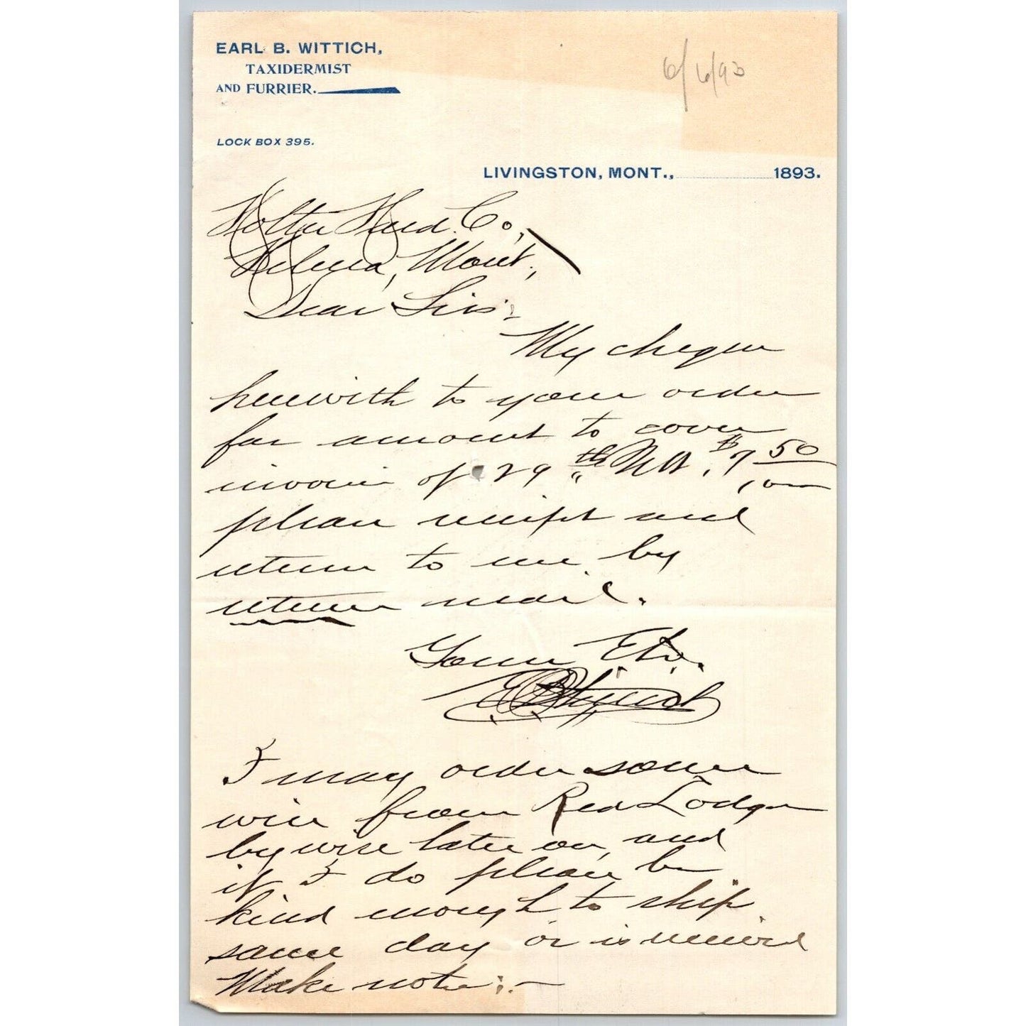 Livingston, MT Earl B. Wittich Taxidermist 1893 ALS Coulter Hardware Helena, MT