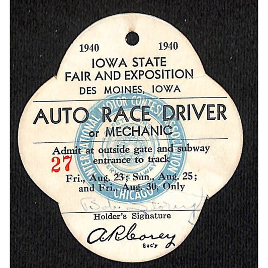 1940 Iowa State Fair Auto Race Driver or Mechanic Ticket / Pass #27 Scarce