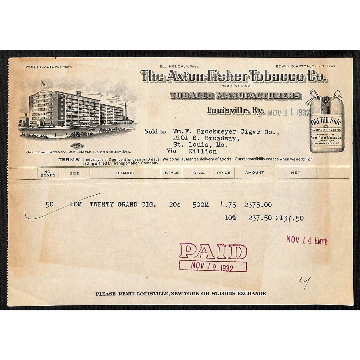 Louisville, KY The Axton-Fisher Tobacco Co. "Old Hill Side" 11/11 1932 Billhead