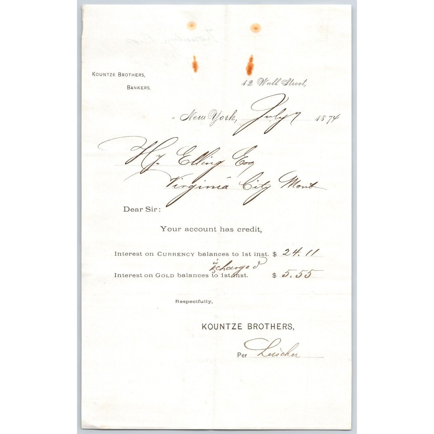 Kountze Brothers Bankers 12 Wall St NYC 1874 Billhead / Statement Henry Elling*
