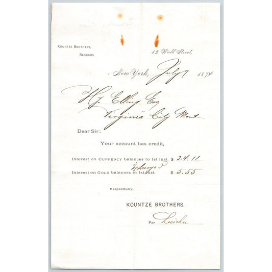 Kountze Brothers Bankers 12 Wall St NYC 1874 Billhead / Statement Henry Elling*