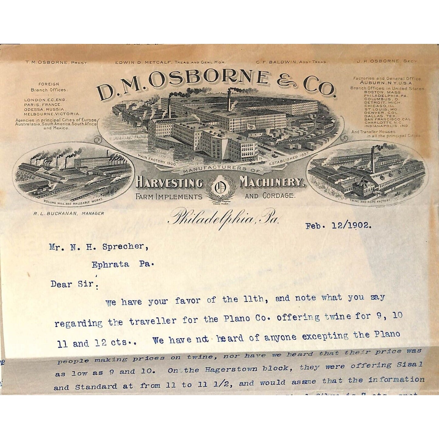 Group of 6 D.M. Osborne & Co. Harvesting Machines Philadelphia 1902 Letterheads