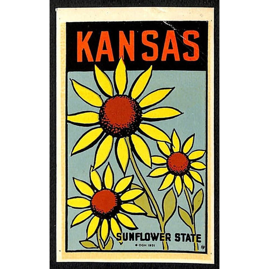 Kansas Sunflower State Water Transfer Decal Travel Souvenir c1950's