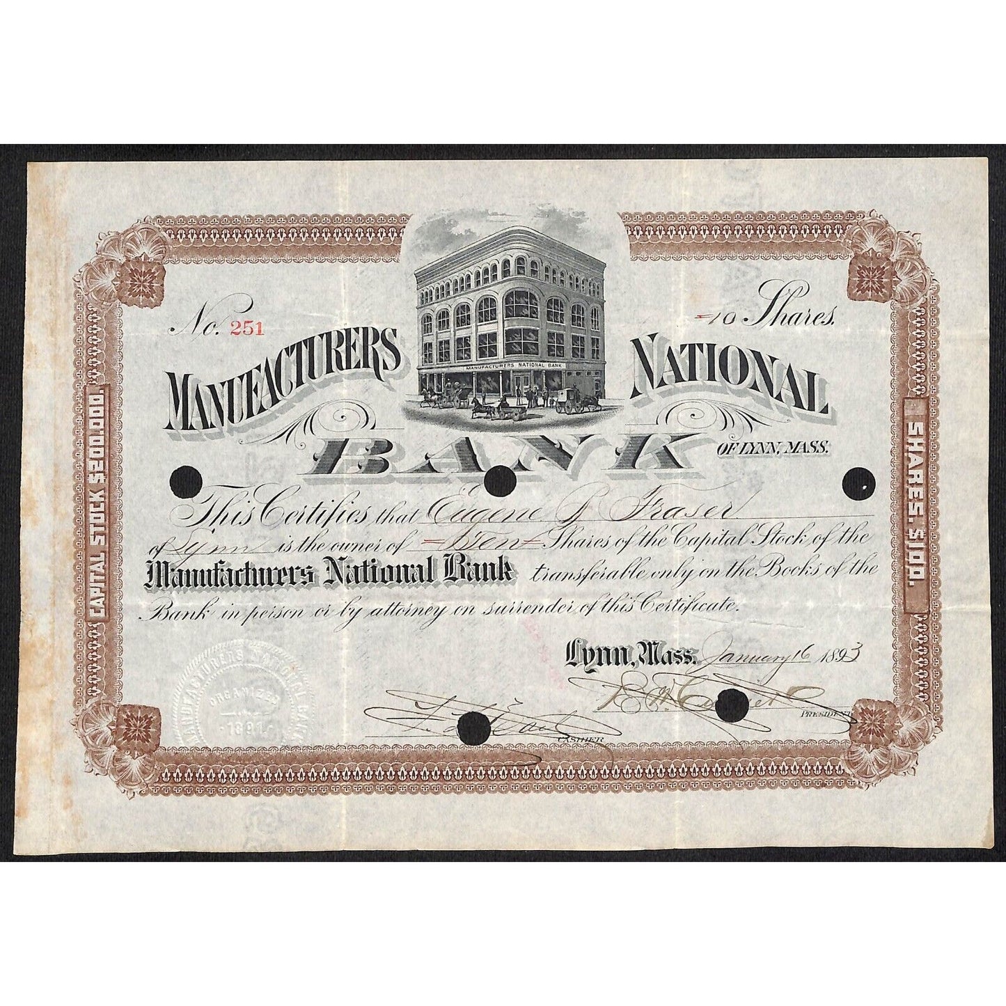 Manufacturers National Bank of Lynn, MA 1893 Stock Certificate Eugene B. Fraser