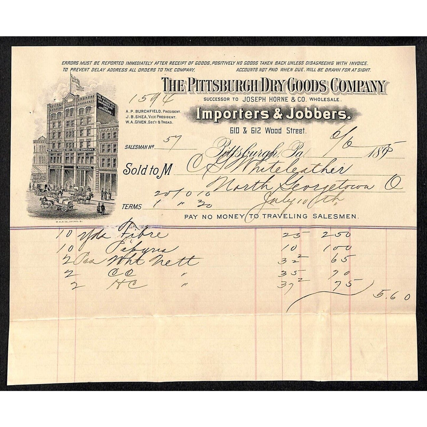 The Pittsburgh Dry Goods Co. 1895 Billhead Whiteleather* N. Georgetown OH