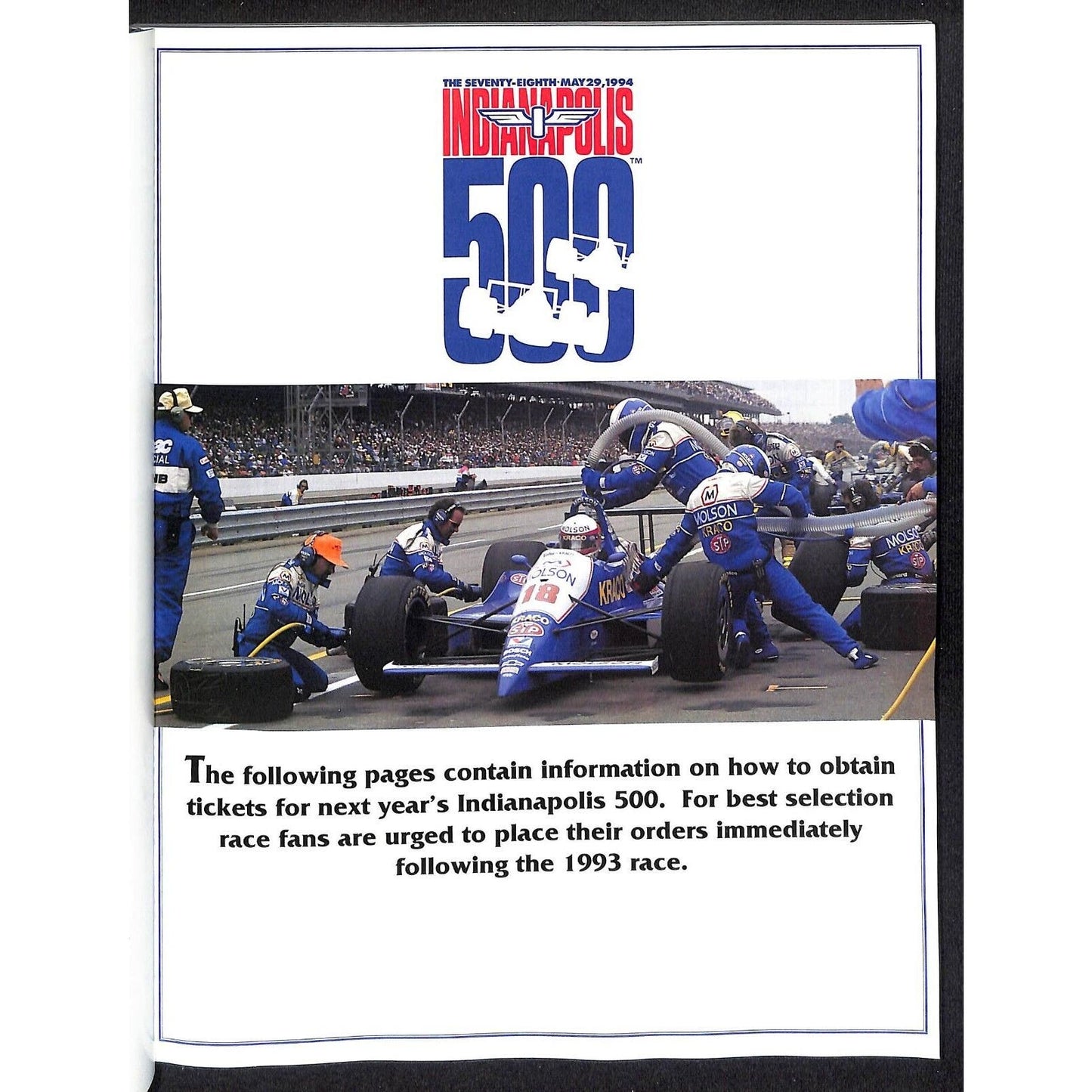 1993 Indianapolis 500 Program Racing VGC 207pp 1lb 3oz