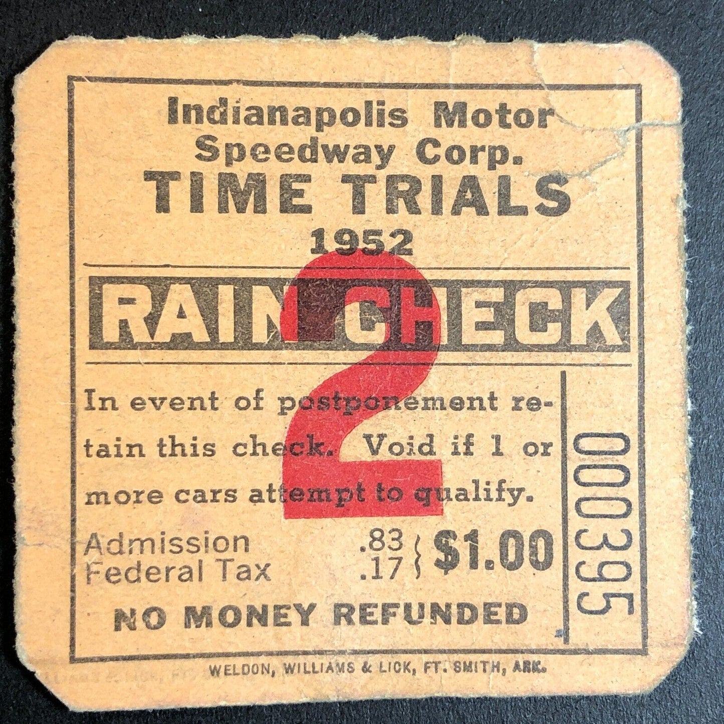 Indianapolis Motor Speedway 1952 Rain Check Ticket #000395