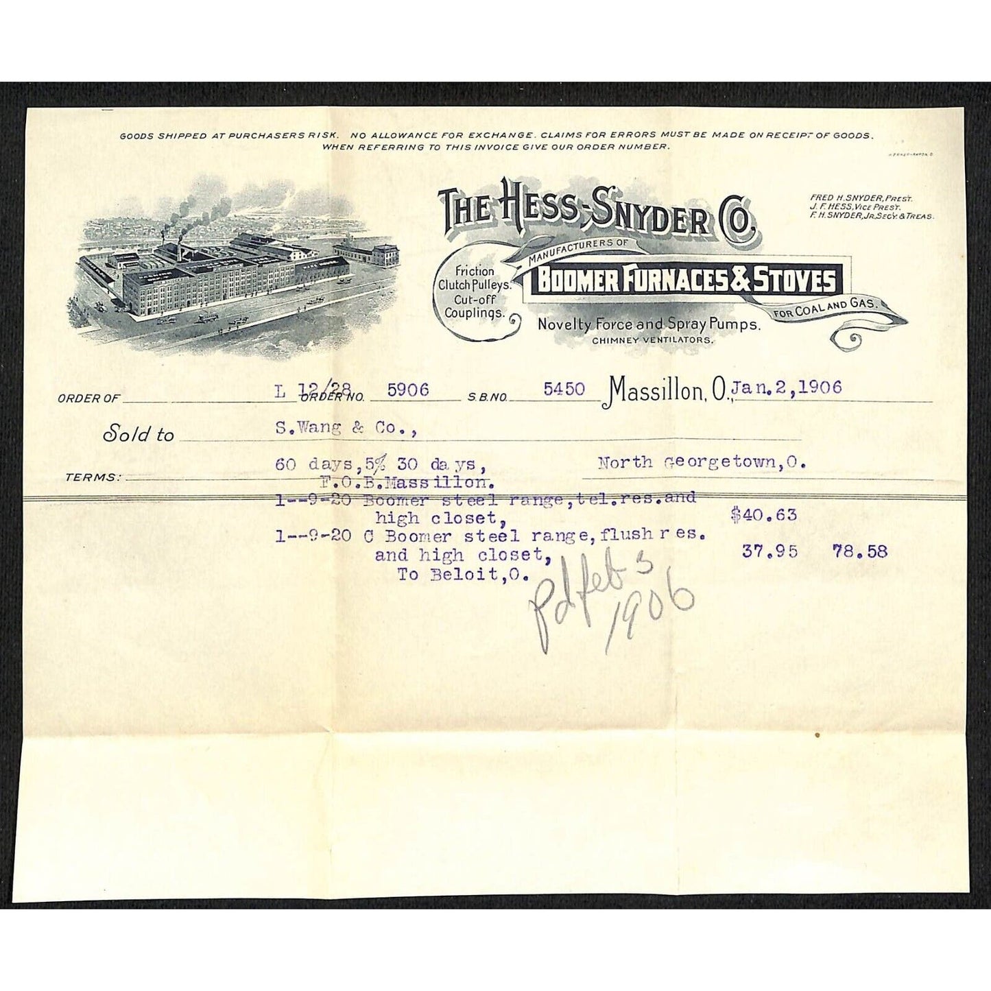 The Hess-Snyder Massillon Samuel Wang * N. Georgetown 1906 Billhead 1916 Cover