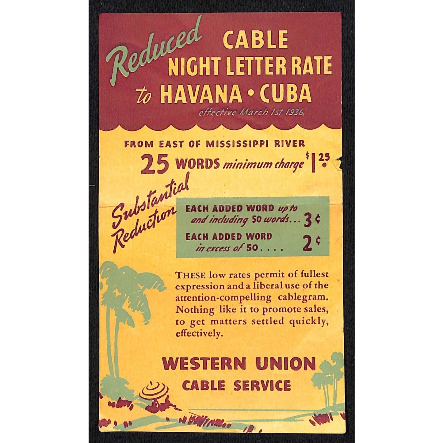 Western Union Cable Service Havana 1936 Night Letter Rate Adv. Flyer