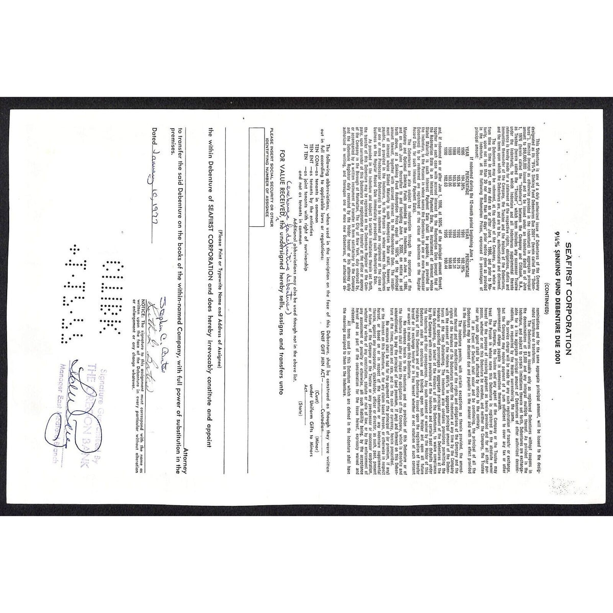 Seafirst Corp. Wisconsin 1976 Debenture Certificate Ship Ports City Skyline