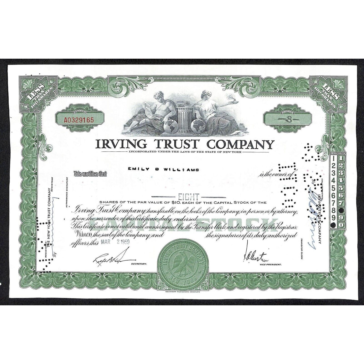 Irving Trust Company NY 1959 Stock Certificate Emily B Williams