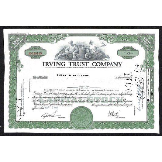 Irving Trust Company NY 1959 Stock Certificate Emily B Williams