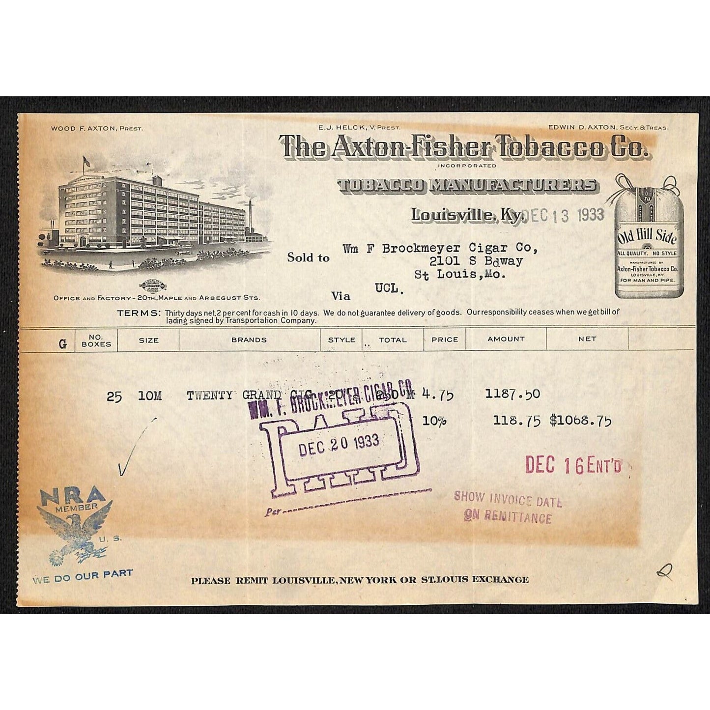 Louisville, KY The Axton-Fisher Tobacco Co. "Old Hill Side" 12/13 1933 Billhead