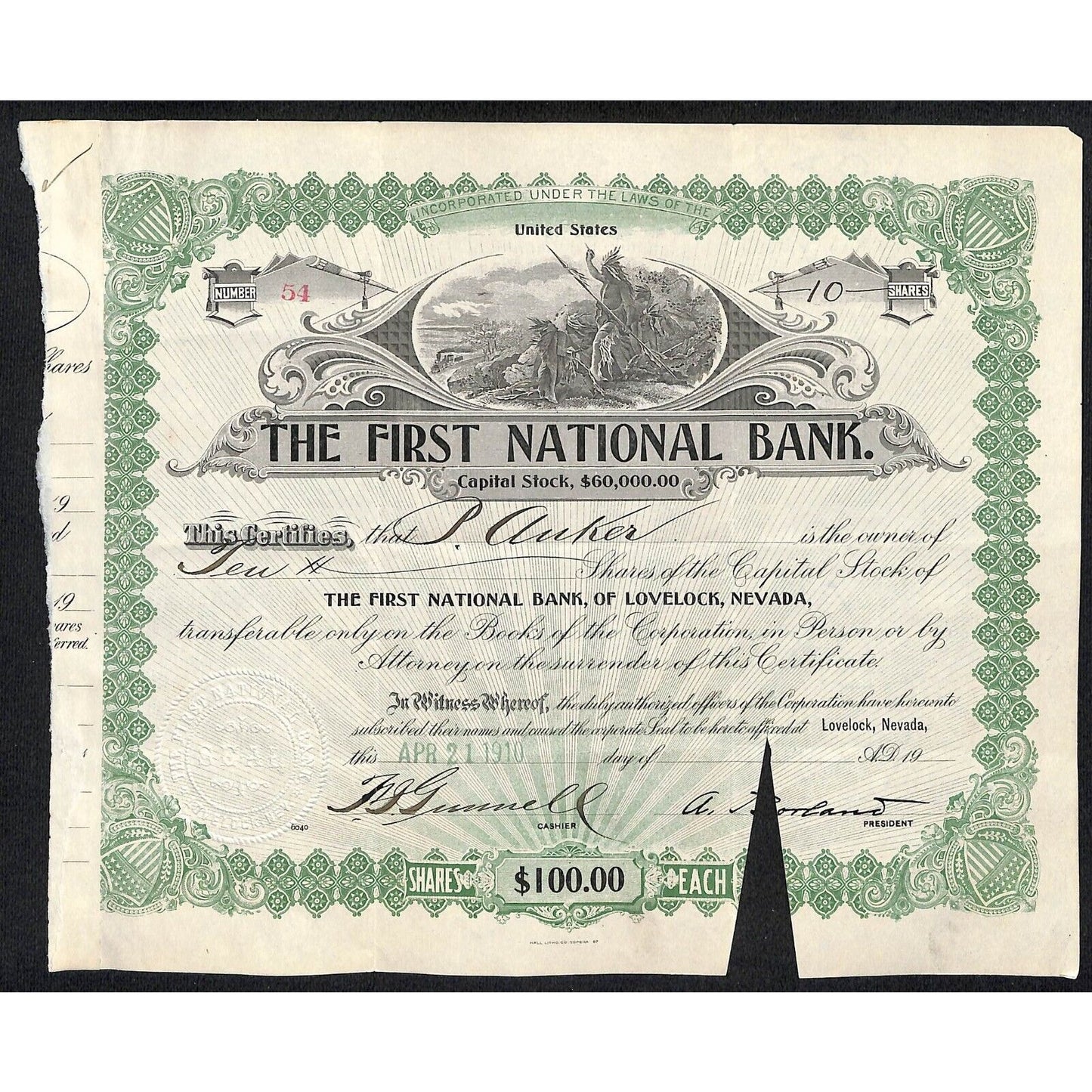 First National Bank of Lovelock, NV 1910 Stock Certificate to Peter Anker * #54